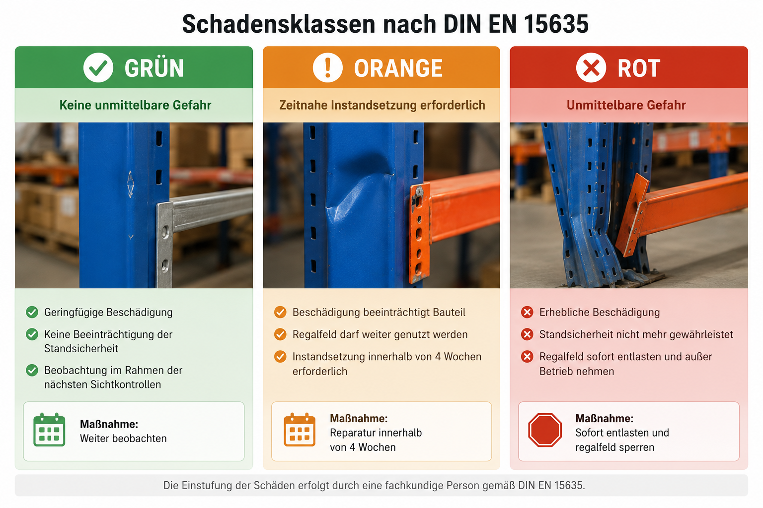 Infografik zu den Schadensklassen Gr&uuml;n, Orange und Rot nach DIN EN 15635 f&uuml;r die Bewertung von Sch&auml;den an Regalanlagen.
