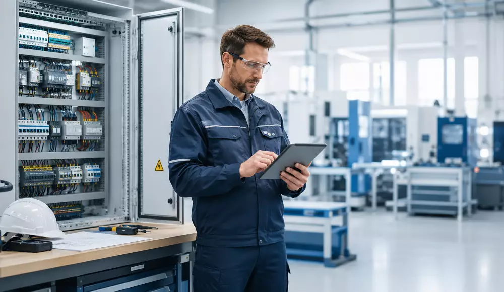Eine Elektrofachkraft steht mit Tablet neben einer geöffneten elektrischen Verteilung in einer modernen Produktionsumgebung. Das Bild steht für praxisnahes Fachwissen rund um DGUV V3 Prüfungen, elektrische Anlagen, Maschinenprüfungen und betriebliche Elektrosicherheit.