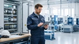Eine Elektrofachkraft steht mit Tablet neben einer geöffneten elektrischen Verteilung in einer modernen Produktionsumgebung. Das Bild steht für praxisnahes Fachwissen rund um DGUV V3 Prüfungen, elektrische Anlagen, Maschinenprüfungen und betriebliche Elektrosicherheit.