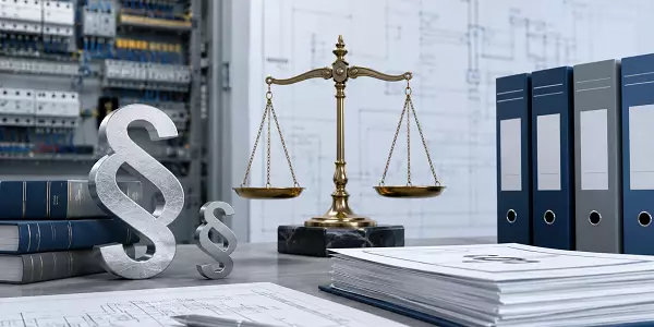 Das Bild zeigt Paragraphenzeichen, eine Waage der Gerechtigkeit, Aktenordner und technische Dokumente vor einem unscharfen elektrotechnischen Hintergrund. Es steht für die rechtlichen Grundlagen, Normen und technischen Anforderungen hinter der DGUV V3 Prüfung.
