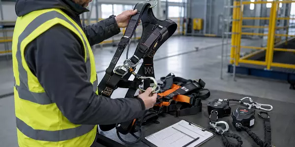 Ein Prüfer in Warnweste kontrolliert in einer Industriehalle einen Auffanggurt mit Karabinern und Verbindungsmitteln. Auf dem Tisch liegen weitere Ausrüstungsgegenstände der PSA gegen Absturz sowie ein Prüfprotokoll.
