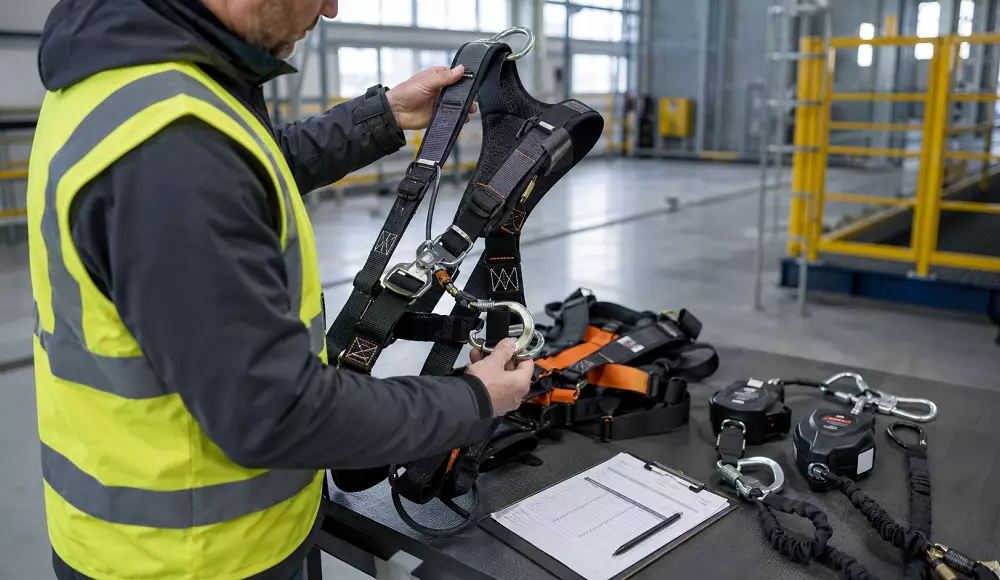 Ein Prüfer in Warnweste kontrolliert in einer Industriehalle einen Auffanggurt mit Karabinern und Verbindungsmitteln. Auf dem Tisch liegen weitere Ausrüstungsgegenstände der PSA gegen Absturz sowie ein Prüfprotokoll.