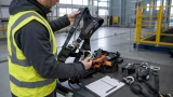 Ein Prüfer in Warnweste kontrolliert in einer Industriehalle einen Auffanggurt mit Karabinern und Verbindungsmitteln. Auf dem Tisch liegen weitere Ausrüstungsgegenstände der PSA gegen Absturz sowie ein Prüfprotokoll.
