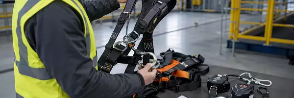 Ein Prüfer in Warnweste kontrolliert in einer Industriehalle einen Auffanggurt mit Karabinern und Verbindungsmitteln. Auf dem Tisch liegen weitere Ausrüstungsgegenstände der PSA gegen Absturz sowie ein Prüfprotokoll.