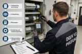 Elektrofachkraft bei der Prüfung einer ortsfesten elektrischen Anlage mit Prüfgerät am geöffneten Schaltschrank gemäß DGUV Vorschrift 3.