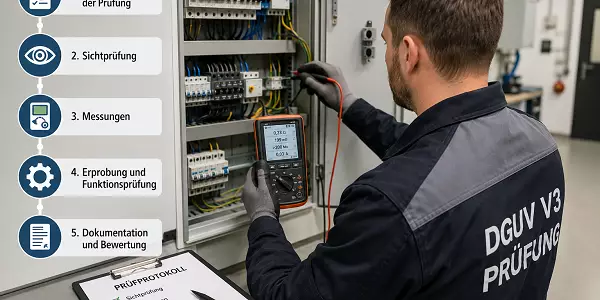 Elektrofachkraft bei der Prüfung einer ortsfesten elektrischen Anlage mit Prüfgerät am geöffneten Schaltschrank gemäß DGUV Vorschrift 3.