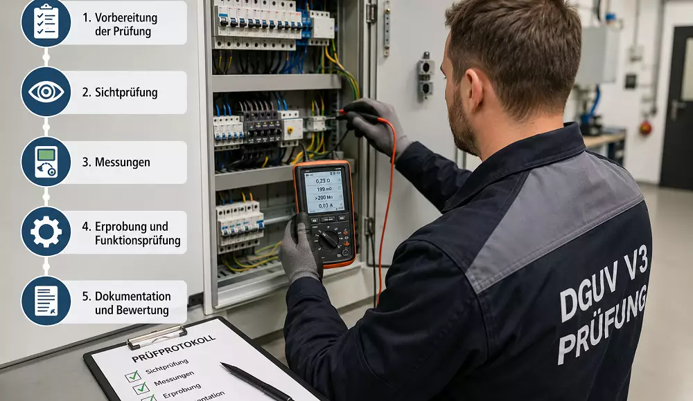 Elektrofachkraft bei der Prüfung einer ortsfesten elektrischen Anlage mit Prüfgerät am geöffneten Schaltschrank gemäß DGUV Vorschrift 3.