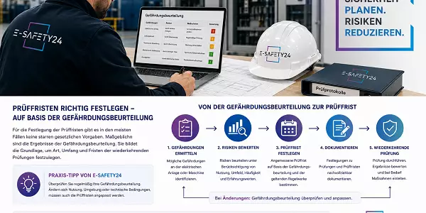 Infografik zur Gefährdungsbeurteilung als Grundlage für die Festlegung von Prüffristen bei ortsfesten elektrischen Anlagen, Maschinen, Photovoltaikanlagen und Ladeinfrastruktur.