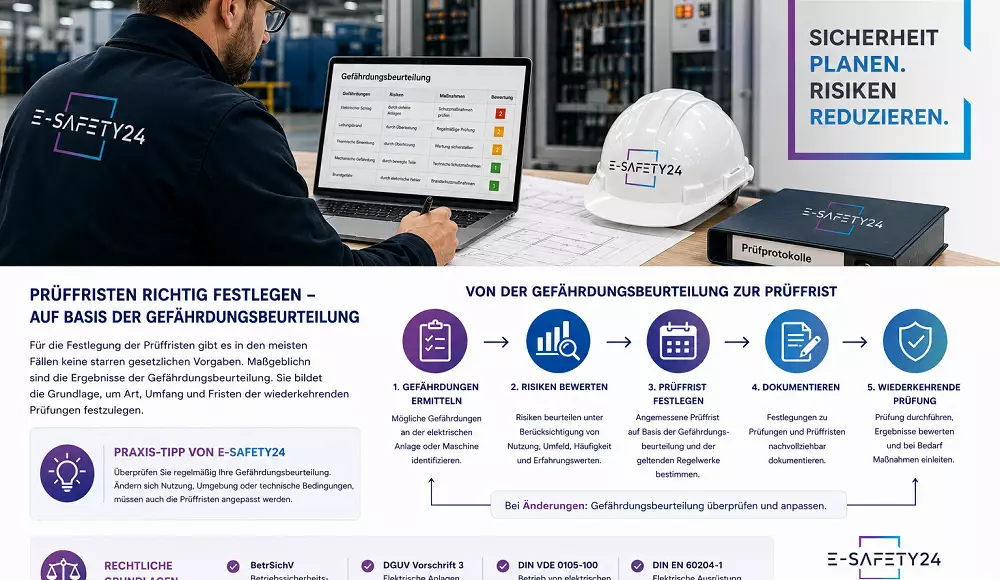 Infografik zur Gefährdungsbeurteilung als Grundlage für die Festlegung von Prüffristen bei ortsfesten elektrischen Anlagen, Maschinen, Photovoltaikanlagen und Ladeinfrastruktur.