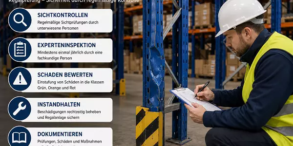 Mitarbeiter bei der Regalprüfung nach DIN EN 15635 mit Checkliste vor einem Palettenregal. Die Grafik zeigt die wichtigsten Anforderungen an Sichtkontrollen, Experteninspektionen, Schadensbewertung, Instandhaltung und Dokumentation.