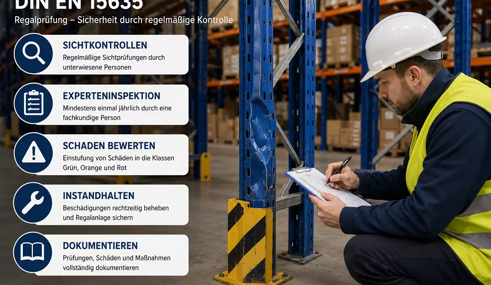 Mitarbeiter bei der Regalprüfung nach DIN EN 15635 mit Checkliste vor einem Palettenregal. Die Grafik zeigt die wichtigsten Anforderungen an Sichtkontrollen, Experteninspektionen, Schadensbewertung, Instandhaltung und Dokumentation.