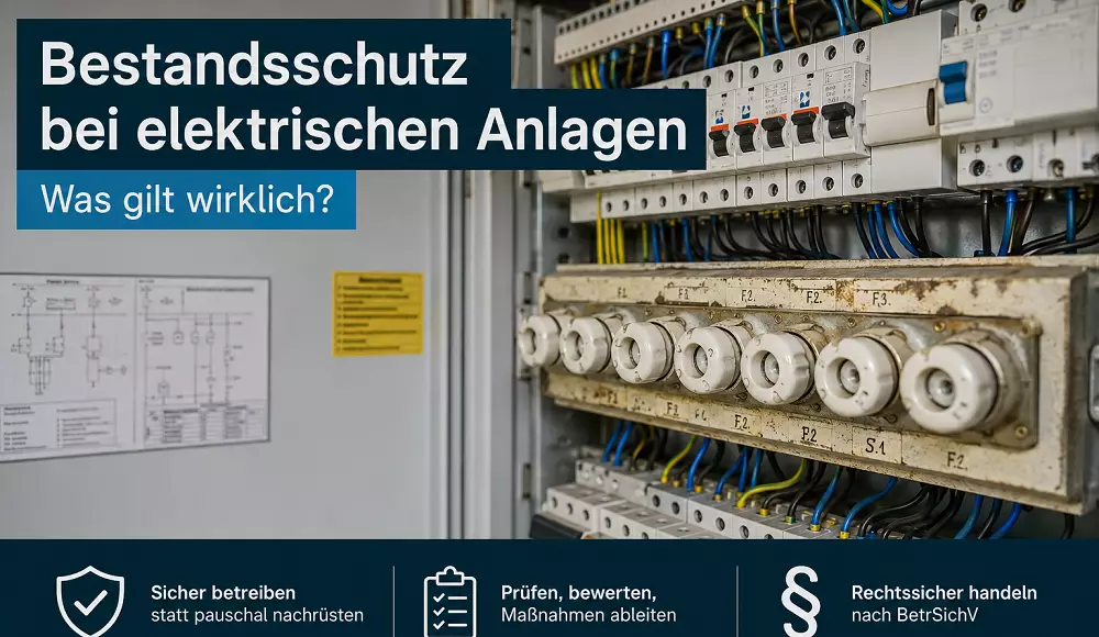 Elektrischer Schaltschrank mit Sicherungen und Leitungen – Symbolbild zum Thema Bestandsschutz bei elektrischen Anlagen.