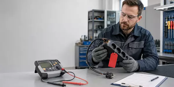 Ein Techniker untersucht eine beschädigte Mehrfachsteckdose auf einem Prüftisch. Das Gerät ist mit einer roten Kennzeichnung als nicht bestandene DGUV V3 Prüfung markiert.