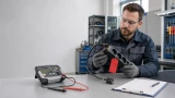 Ein Techniker untersucht eine beschädigte Mehrfachsteckdose auf einem Prüftisch. Das Gerät ist mit einer roten Kennzeichnung als nicht bestandene DGUV V3 Prüfung markiert.