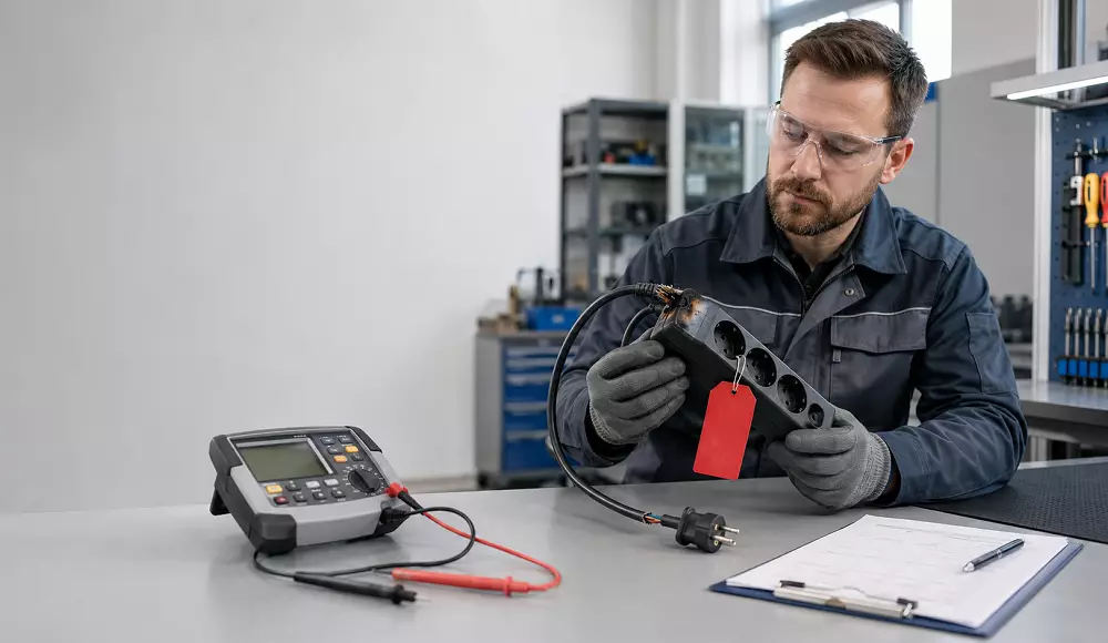 Ein Techniker untersucht eine beschädigte Mehrfachsteckdose auf einem Prüftisch. Das Gerät ist mit einer roten Kennzeichnung als nicht bestandene DGUV V3 Prüfung markiert.
