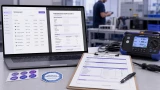 Digitale Geräteübersicht und Prüfprotokoll einer DGUV V3 Prüfung mit Messgerät, Prüfplaketten und schriftlicher Dokumentation auf einem Arbeitsplatz.
