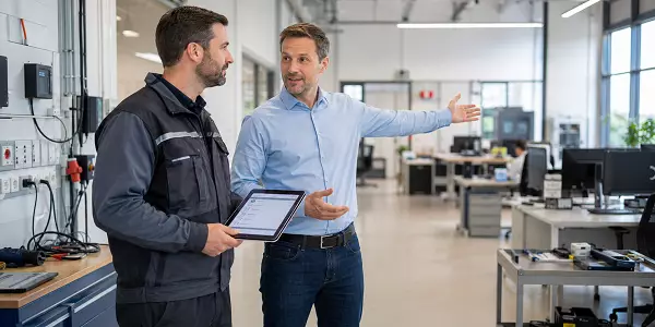 Ein Prüfer mit Tablet bespricht mit einem Ansprechpartner im Unternehmen die Vorbereitung und den Ablauf einer DGUV V3 Prüfung vor Ort.