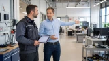 Ein Prüfer mit Tablet bespricht mit einem Ansprechpartner im Unternehmen die Vorbereitung und den Ablauf einer DGUV V3 Prüfung vor Ort.