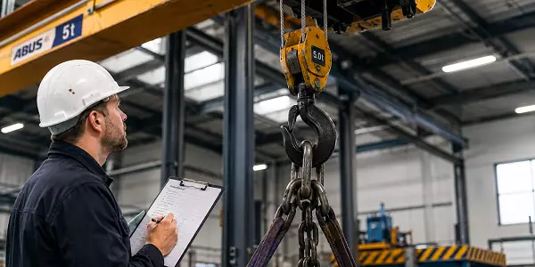 Prüfer kontrolliert einen Hallenkran mit Kranhaken, Ketten und Lastaufnahmemitteln in einer Industriehalle und dokumentiert die Prüfung auf einem Prüfprotokoll.