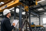 Prüfer kontrolliert einen Hallenkran mit Kranhaken, Ketten und Lastaufnahmemitteln in einer Industriehalle und dokumentiert die Prüfung auf einem Prüfprotokoll.