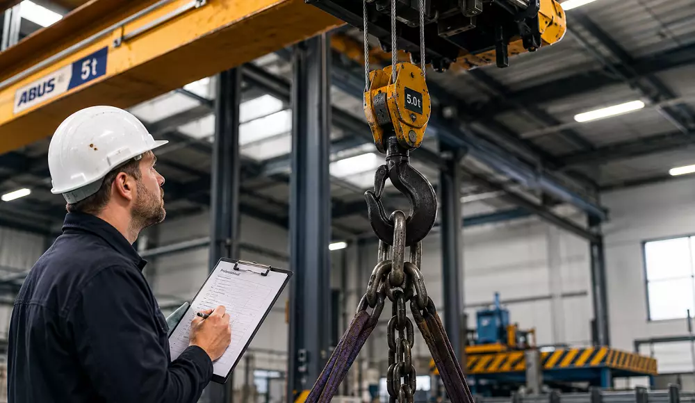 Prüfer kontrolliert einen Hallenkran mit Kranhaken, Ketten und Lastaufnahmemitteln in einer Industriehalle und dokumentiert die Prüfung auf einem Prüfprotokoll.