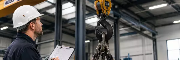 Prüfer kontrolliert einen Hallenkran mit Kranhaken, Ketten und Lastaufnahmemitteln in einer Industriehalle und dokumentiert die Prüfung auf einem Prüfprotokoll.