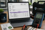 Digitales DGUV V3 Prüfprotokoll mit Messgerät und Dokumentation auf einem Arbeitsplatz zur Veranschaulichung der Kosten einer DGUV V3 Prüfung.