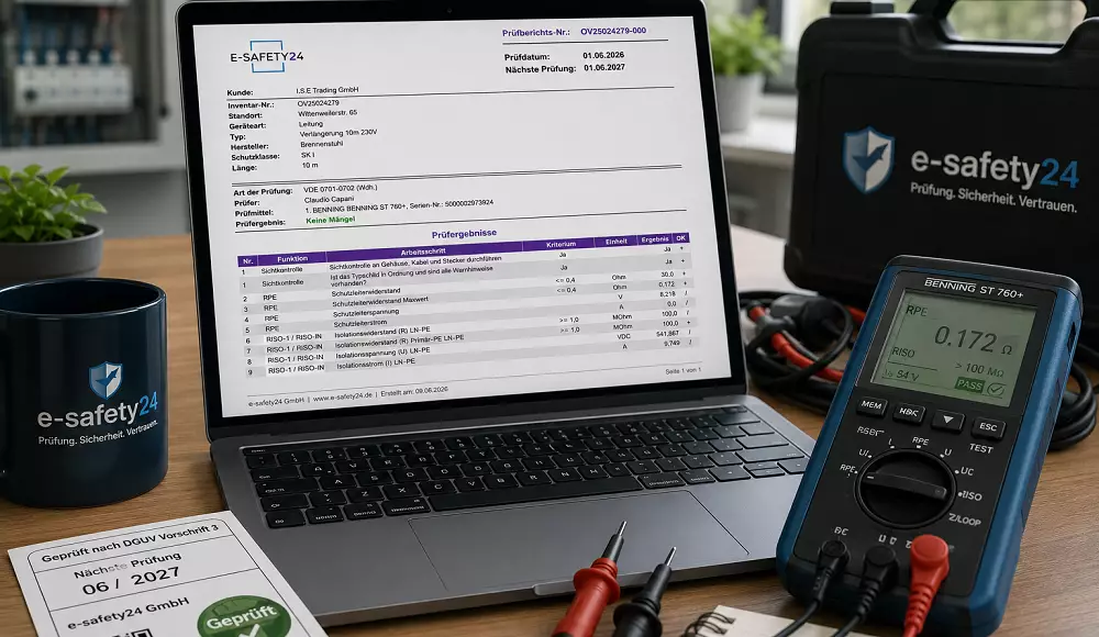 Digitales DGUV V3 Prüfprotokoll mit Messgerät und Dokumentation auf einem Arbeitsplatz zur Veranschaulichung der Kosten einer DGUV V3 Prüfung.