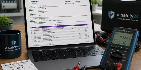 Digitales DGUV V3 Prüfprotokoll mit Messgerät und Dokumentation auf einem Arbeitsplatz zur Veranschaulichung der Kosten einer DGUV V3 Prüfung.